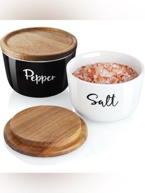 Salt and Pepper Bowls, Stacked Ceramic Salt Pepper Container, Wood Lid Set of 2